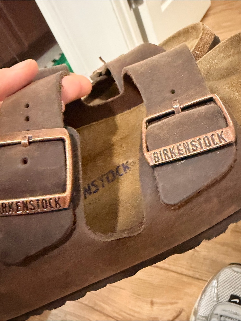 Birkenstock Brown Leather Two-Strap Sandals with Copper Buckles - Picture 3 of 4